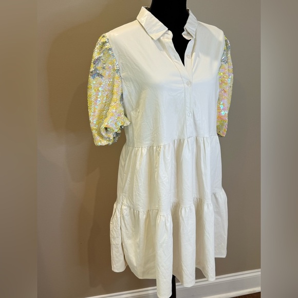 NWT Women’s PEACH LOVE Cream color faux leather & sequin mini dress- Size Large - Picture 4 of 10